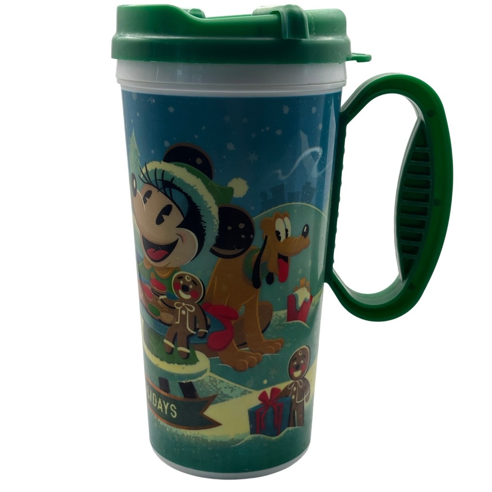 Disneyland Resort Mickey Minnie Pluto Christmas Holiday Travel Mug Green Lid